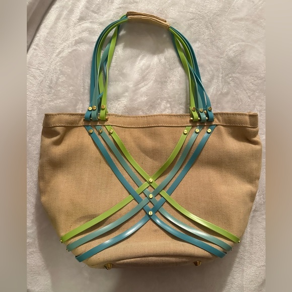 Crocs tote bag shoulder purse. Tan, blue & green. Excellent condition - Picture 2 of 13